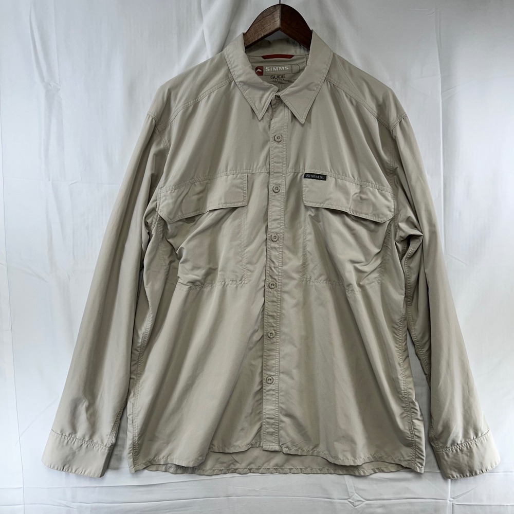 Simms Fishing Shirt Mens XL Khaki Guide Series Long Sleeve Vented Back